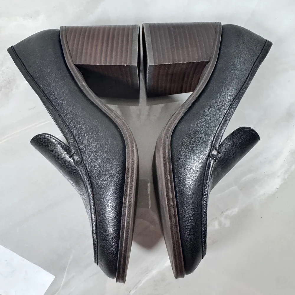 Crown Vintage Caitlun‎ Black Leather Slip On Loafers Pumps Chunky Heel Y2K 9M